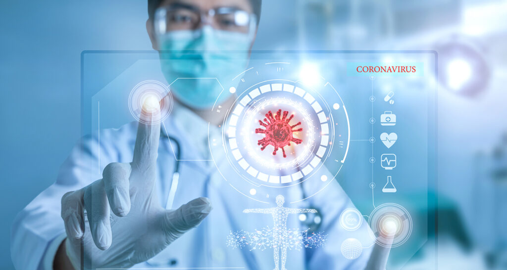 Futuristic innovative corona covid-19 virus doctor wear mask virtual digital ai infographic data tech. Coronavirus 2019-nCov treatment analysis screen in hospital laboratory against epidemic virus